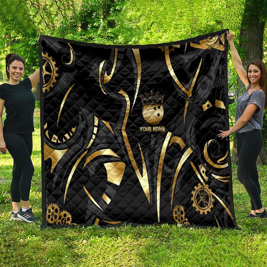 Personalized Golden Tribal Bowling Ball Emblem Quilt with Black Abstract Metallic Pattern - Wonder Print Shop