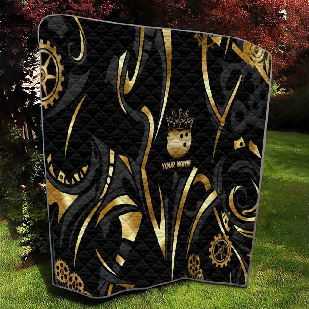 Personalized Golden Tribal Bowling Ball Emblem Quilt with Black Abstract Metallic Pattern - Wonder Print Shop