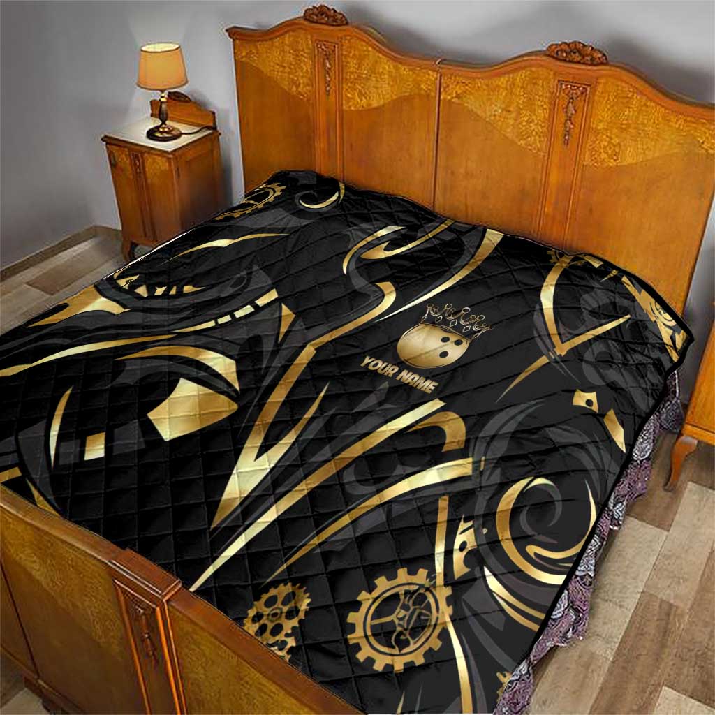Personalized Golden Tribal Bowling Ball Emblem Quilt with Black Abstract Metallic Pattern - Wonder Print Shop