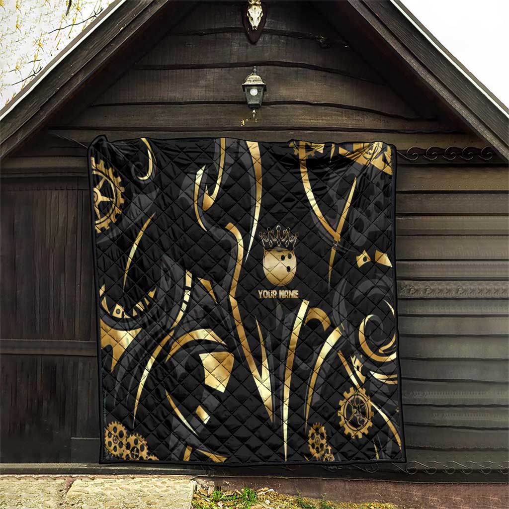Personalized Golden Tribal Bowling Ball Emblem Quilt with Black Abstract Metallic Pattern - Wonder Print Shop