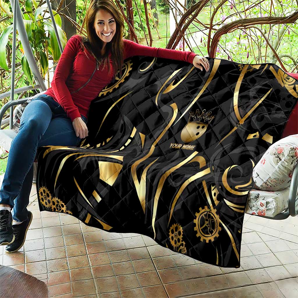 Personalized Golden Tribal Bowling Ball Emblem Quilt with Black Abstract Metallic Pattern - Wonder Print Shop