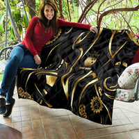 Personalized Golden Tribal Bowling Ball Emblem Quilt with Black Abstract Metallic Pattern - Wonder Print Shop