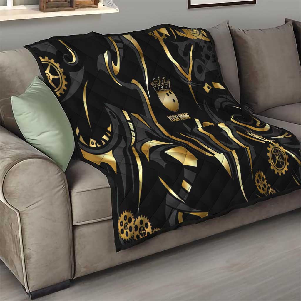 Personalized Golden Tribal Bowling Ball Emblem Quilt with Black Abstract Metallic Pattern - Wonder Print Shop
