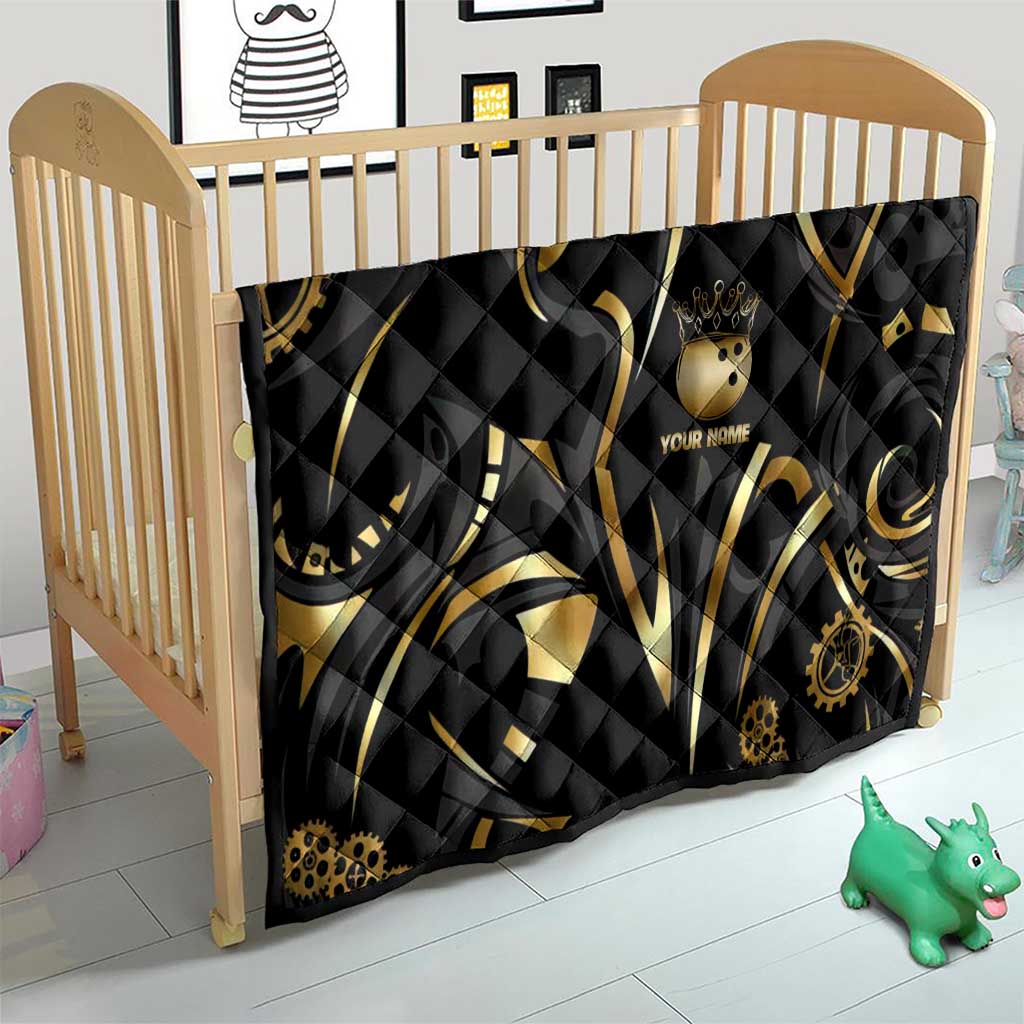 Personalized Golden Tribal Bowling Ball Emblem Quilt with Black Abstract Metallic Pattern - Wonder Print Shop