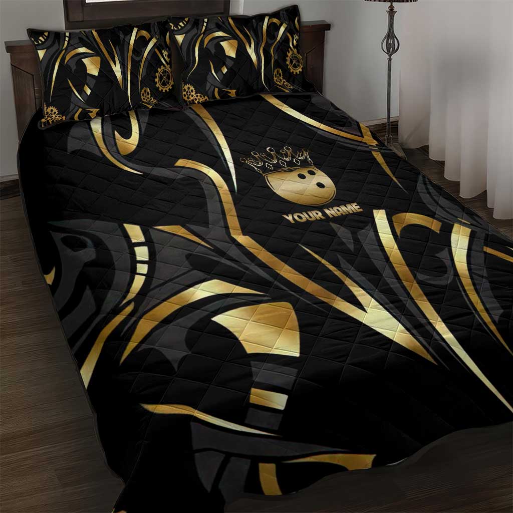 Personalized Golden Tribal Bowling Ball Emblem Quilt Bed Set with Black Abstract Metallic Pattern - Wonder Print Shop