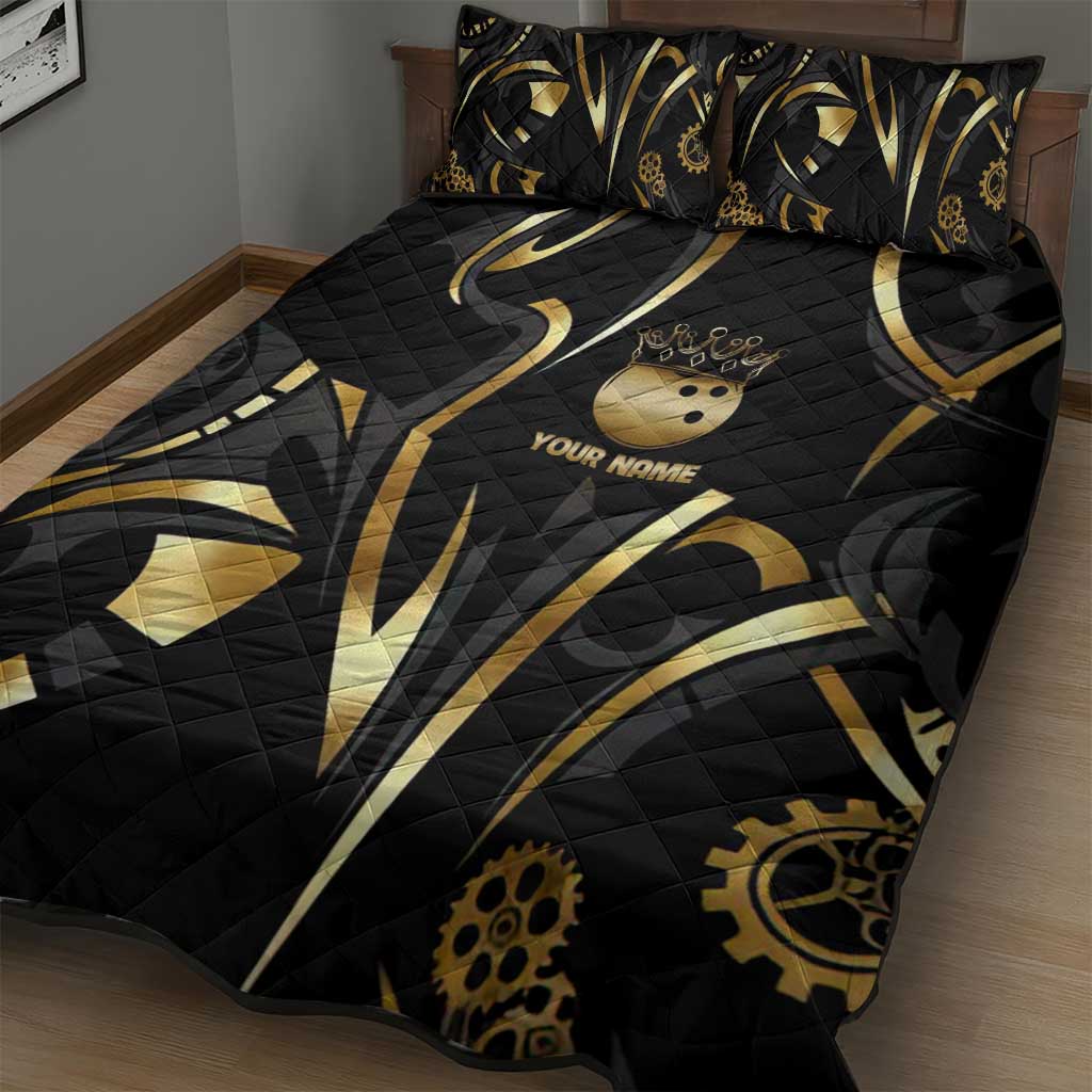 Personalized Golden Tribal Bowling Ball Emblem Quilt Bed Set with Black Abstract Metallic Pattern - Wonder Print Shop