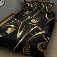 Personalized Golden Tribal Bowling Ball Emblem Quilt Bed Set with Black Abstract Metallic Pattern - Wonder Print Shop