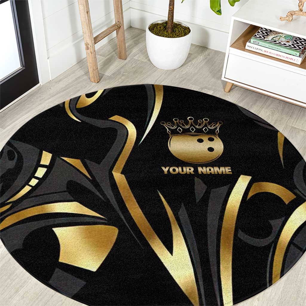 Personalized Golden Tribal Bowling Ball Emblem Round Carpet with Black Abstract Metallic Pattern - Wonder Print Shop