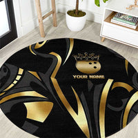 Personalized Golden Tribal Bowling Ball Emblem Round Carpet with Black Abstract Metallic Pattern - Wonder Print Shop