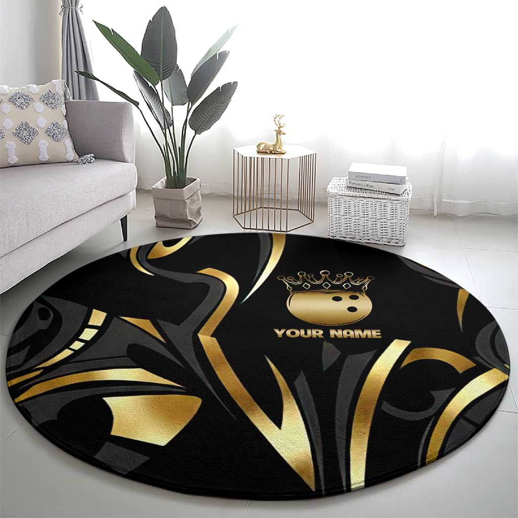 Personalized Golden Tribal Bowling Ball Emblem Round Carpet with Black Abstract Metallic Pattern - Wonder Print Shop