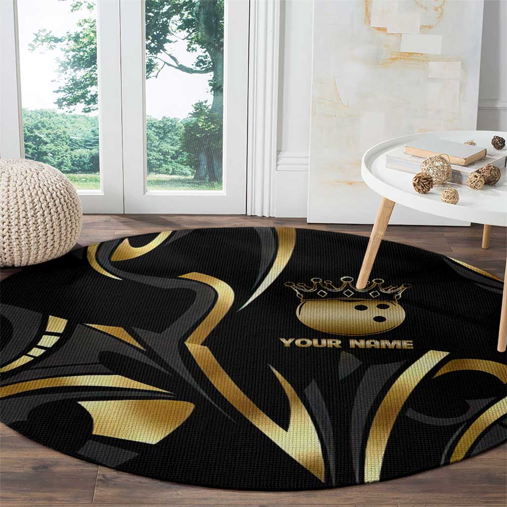 Personalized Golden Tribal Bowling Ball Emblem Round Carpet with Black Abstract Metallic Pattern - Wonder Print Shop