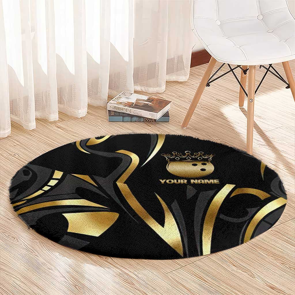 Personalized Golden Tribal Bowling Ball Emblem Round Carpet with Black Abstract Metallic Pattern - Wonder Print Shop