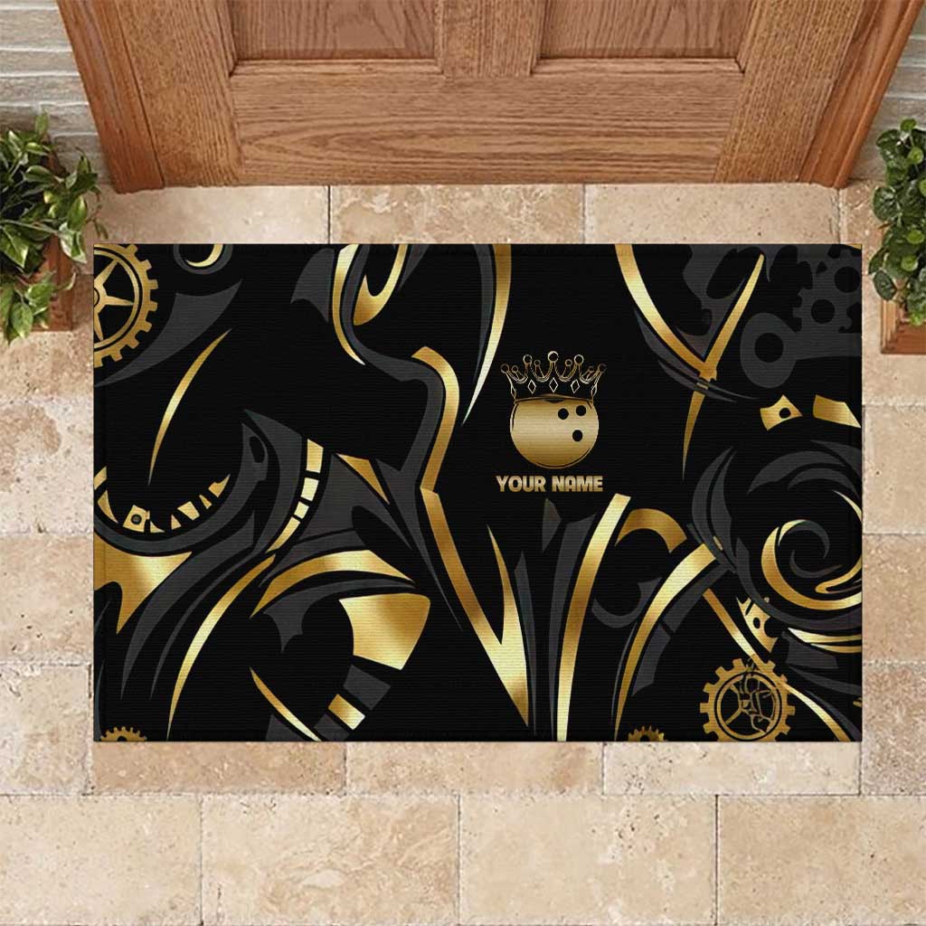 Personalized Golden Tribal Bowling Ball Emblem Rubber Doormat with Black Abstract Metallic Pattern - Wonder Print Shop
