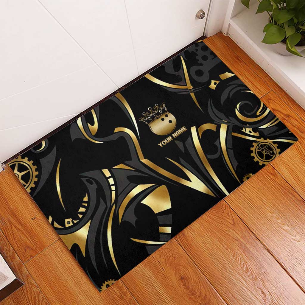 Personalized Golden Tribal Bowling Ball Emblem Rubber Doormat with Black Abstract Metallic Pattern - Wonder Print Shop