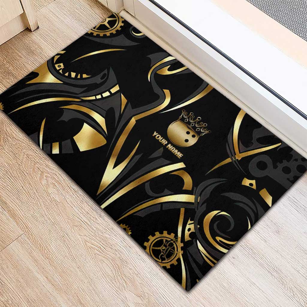 Personalized Golden Tribal Bowling Ball Emblem Rubber Doormat with Black Abstract Metallic Pattern - Wonder Print Shop