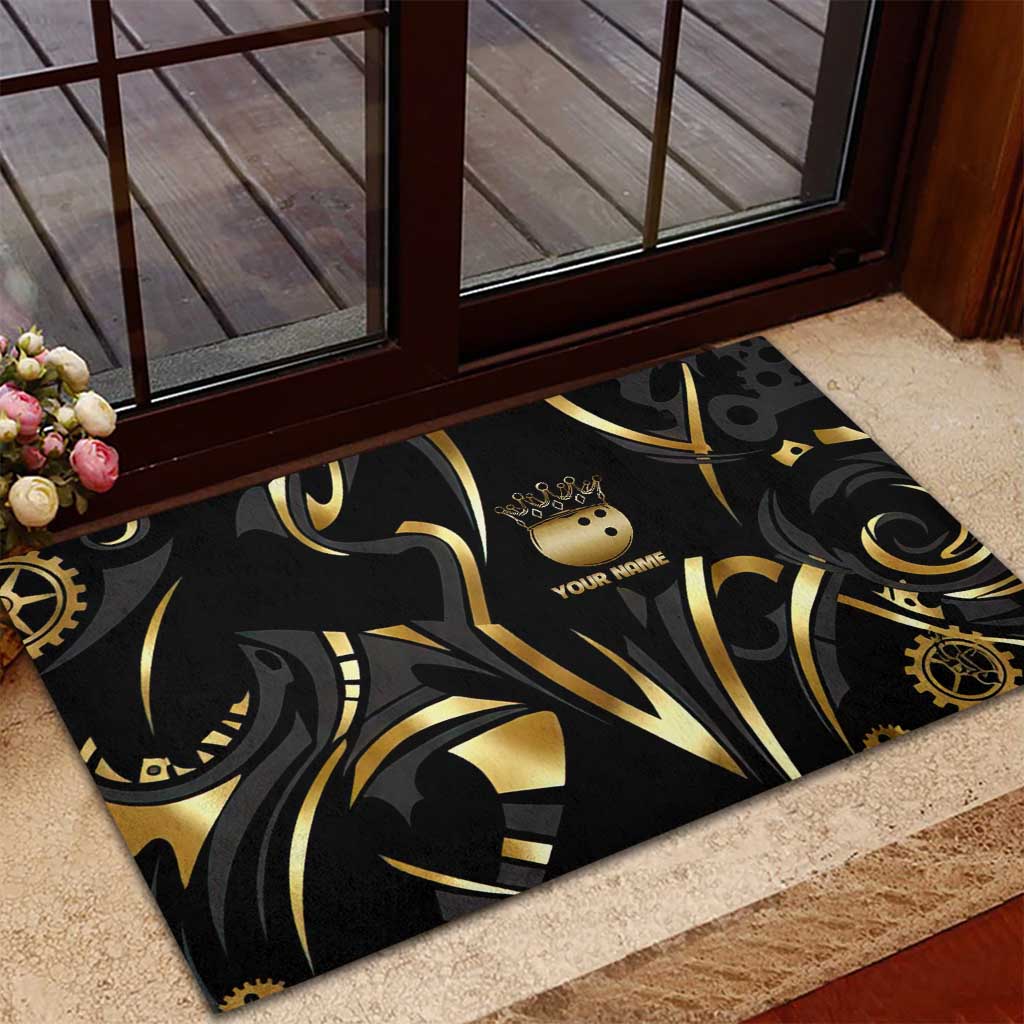 Personalized Golden Tribal Bowling Ball Emblem Rubber Doormat with Black Abstract Metallic Pattern - Wonder Print Shop