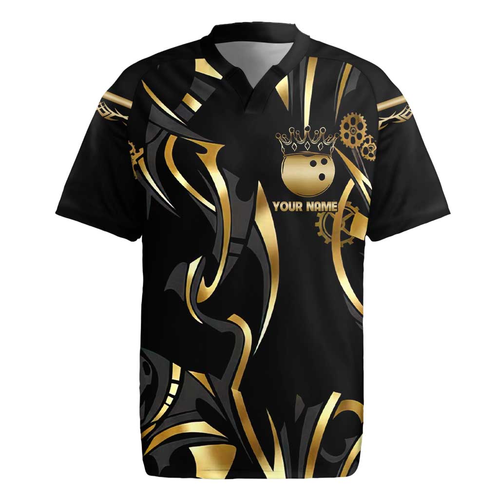 Personalized Golden Tribal Bowling Ball Emblem Rugby Jersey with Black Abstract Metallic Pattern - Wonder Print Shop