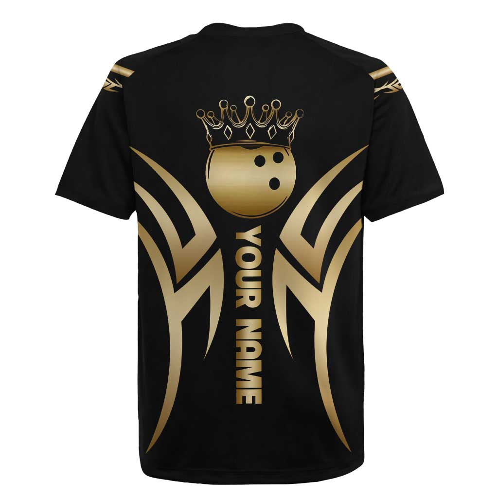 Personalized Golden Tribal Bowling Ball Emblem Rugby Jersey with Black Abstract Metallic Pattern - Wonder Print Shop