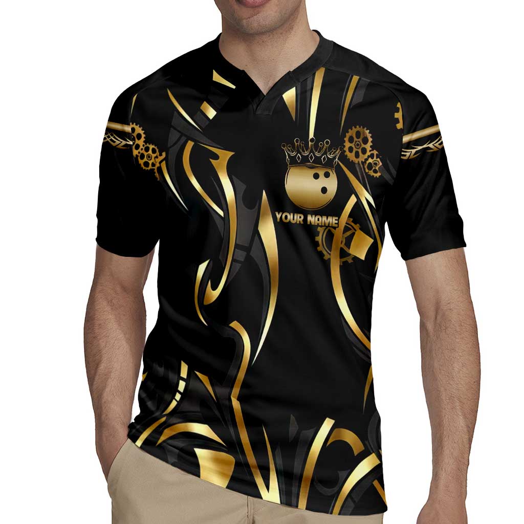 Personalized Golden Tribal Bowling Ball Emblem Rugby Jersey with Black Abstract Metallic Pattern - Wonder Print Shop