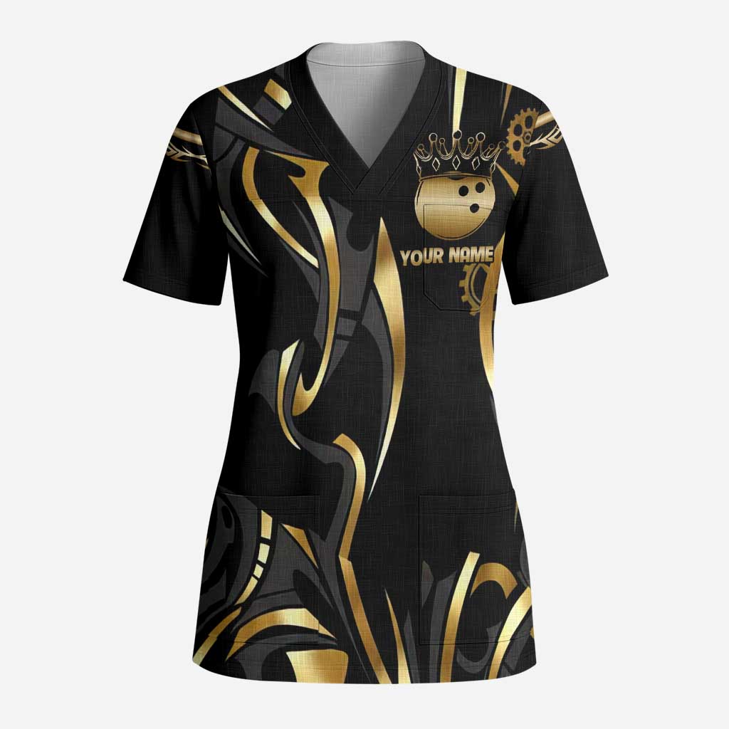 Personalized Golden Tribal Bowling Ball Emblem Scrub Top with Black Abstract Metallic Pattern - Wonder Print Shop