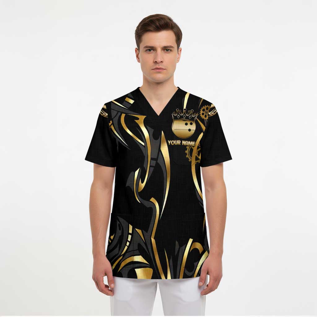 Personalized Golden Tribal Bowling Ball Emblem Scrub Top with Black Abstract Metallic Pattern - Wonder Print Shop