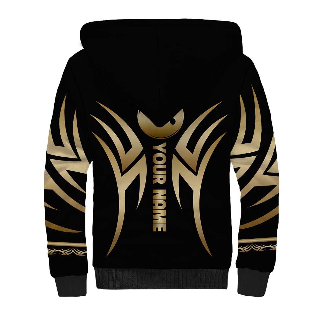 Personalized Golden Tribal Bowling Ball Emblem Sherpa Hoodie with Black Abstract Metallic Pattern - Wonder Print Shop