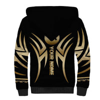 Personalized Golden Tribal Bowling Ball Emblem Sherpa Hoodie with Black Abstract Metallic Pattern - Wonder Print Shop