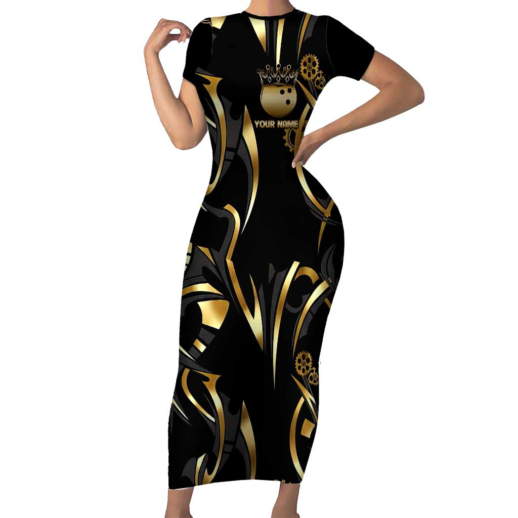 Personalized Golden Tribal Bowling Ball Emblem Short Sleeve Bodycon Dress with Black Abstract Metallic Pattern - Wonder Print Shop