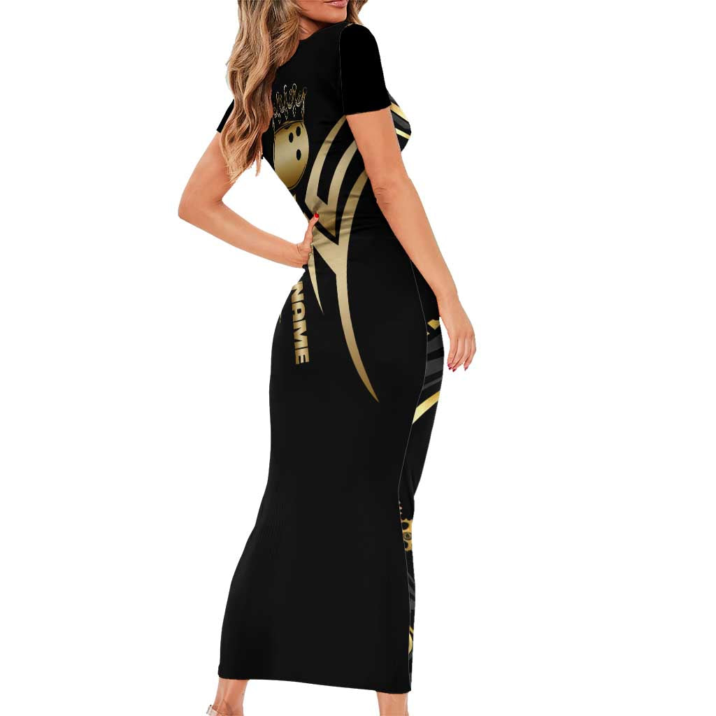 Personalized Golden Tribal Bowling Ball Emblem Short Sleeve Bodycon Dress with Black Abstract Metallic Pattern - Wonder Print Shop