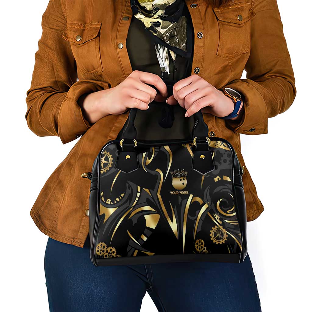 Personalized Golden Tribal Bowling Ball Emblem Shoulder Handbag with Black Abstract Metallic Pattern - Wonder Print Shop