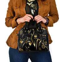 Personalized Golden Tribal Bowling Ball Emblem Shoulder Handbag with Black Abstract Metallic Pattern - Wonder Print Shop