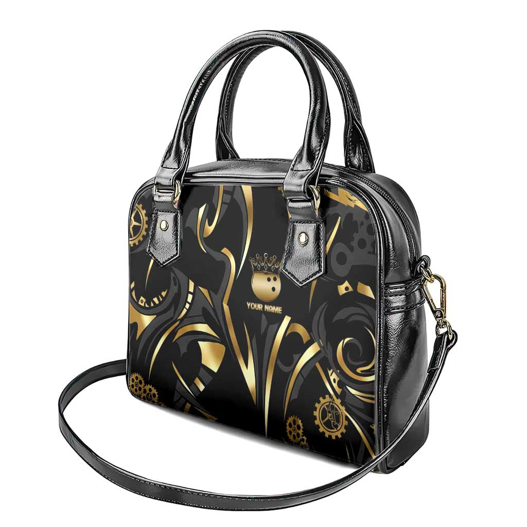 Personalized Golden Tribal Bowling Ball Emblem Shoulder Handbag with Black Abstract Metallic Pattern - Wonder Print Shop