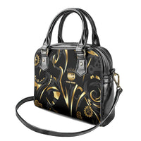 Personalized Golden Tribal Bowling Ball Emblem Shoulder Handbag with Black Abstract Metallic Pattern - Wonder Print Shop