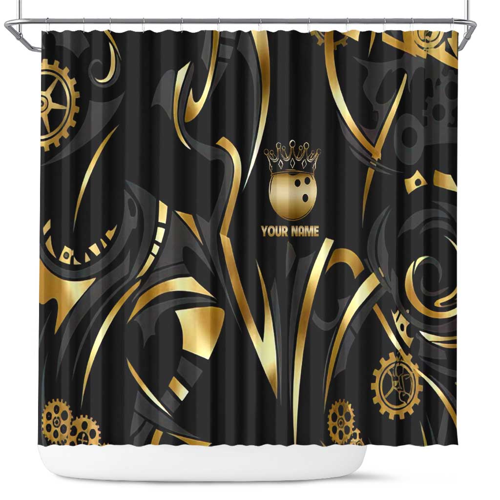 Personalized Golden Tribal Bowling Ball Emblem Shower Curtain with Black Abstract Metallic Pattern - Wonder Print Shop