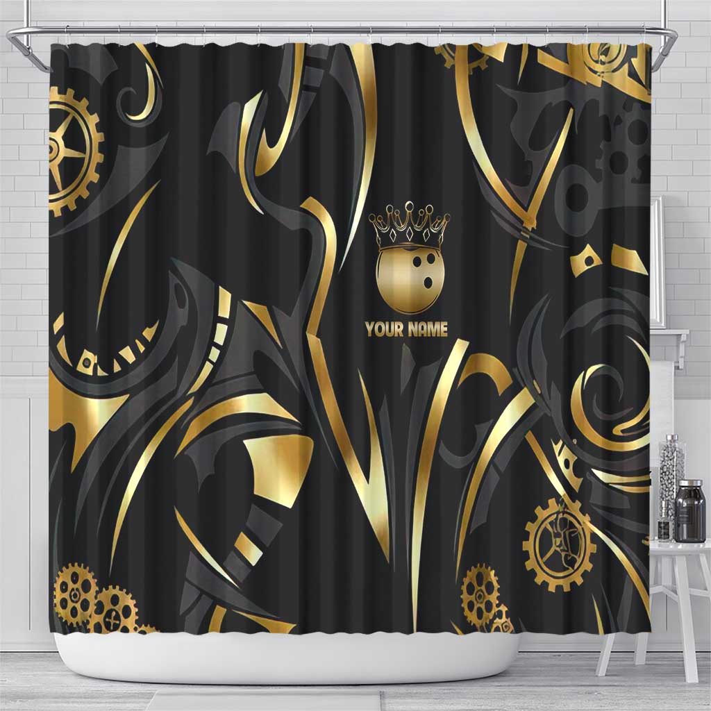 Personalized Golden Tribal Bowling Ball Emblem Shower Curtain with Black Abstract Metallic Pattern - Wonder Print Shop