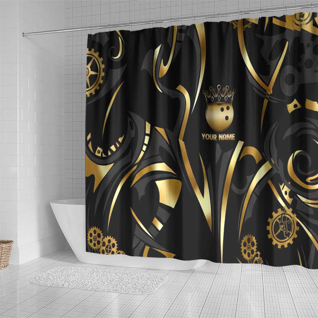 Personalized Golden Tribal Bowling Ball Emblem Shower Curtain with Black Abstract Metallic Pattern - Wonder Print Shop