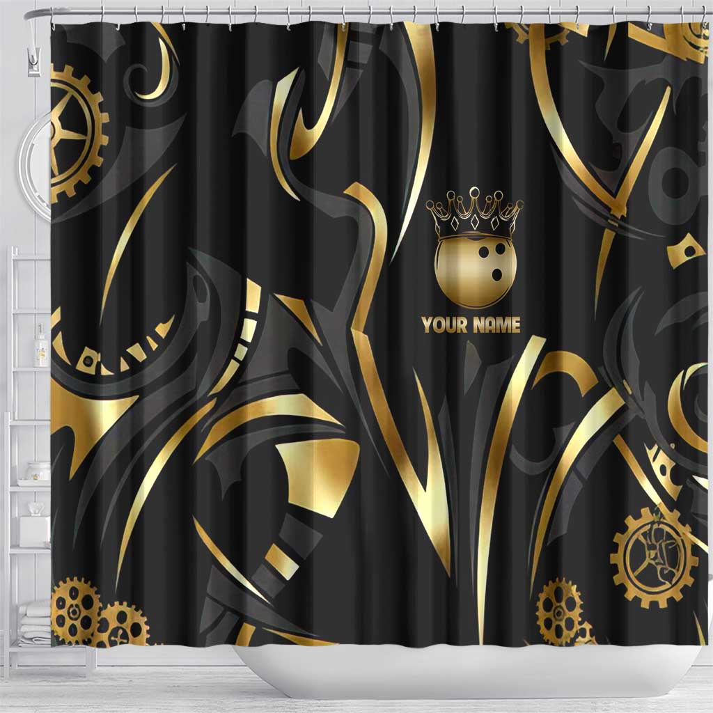 Personalized Golden Tribal Bowling Ball Emblem Shower Curtain with Black Abstract Metallic Pattern - Wonder Print Shop