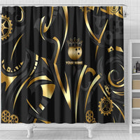 Personalized Golden Tribal Bowling Ball Emblem Shower Curtain with Black Abstract Metallic Pattern - Wonder Print Shop