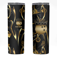 Personalized Golden Tribal Bowling Ball Emblem Skinny Tumbler with Black Abstract Metallic Pattern - Wonder Print Shop