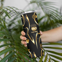 Personalized Golden Tribal Bowling Ball Emblem Skinny Tumbler with Black Abstract Metallic Pattern - Wonder Print Shop
