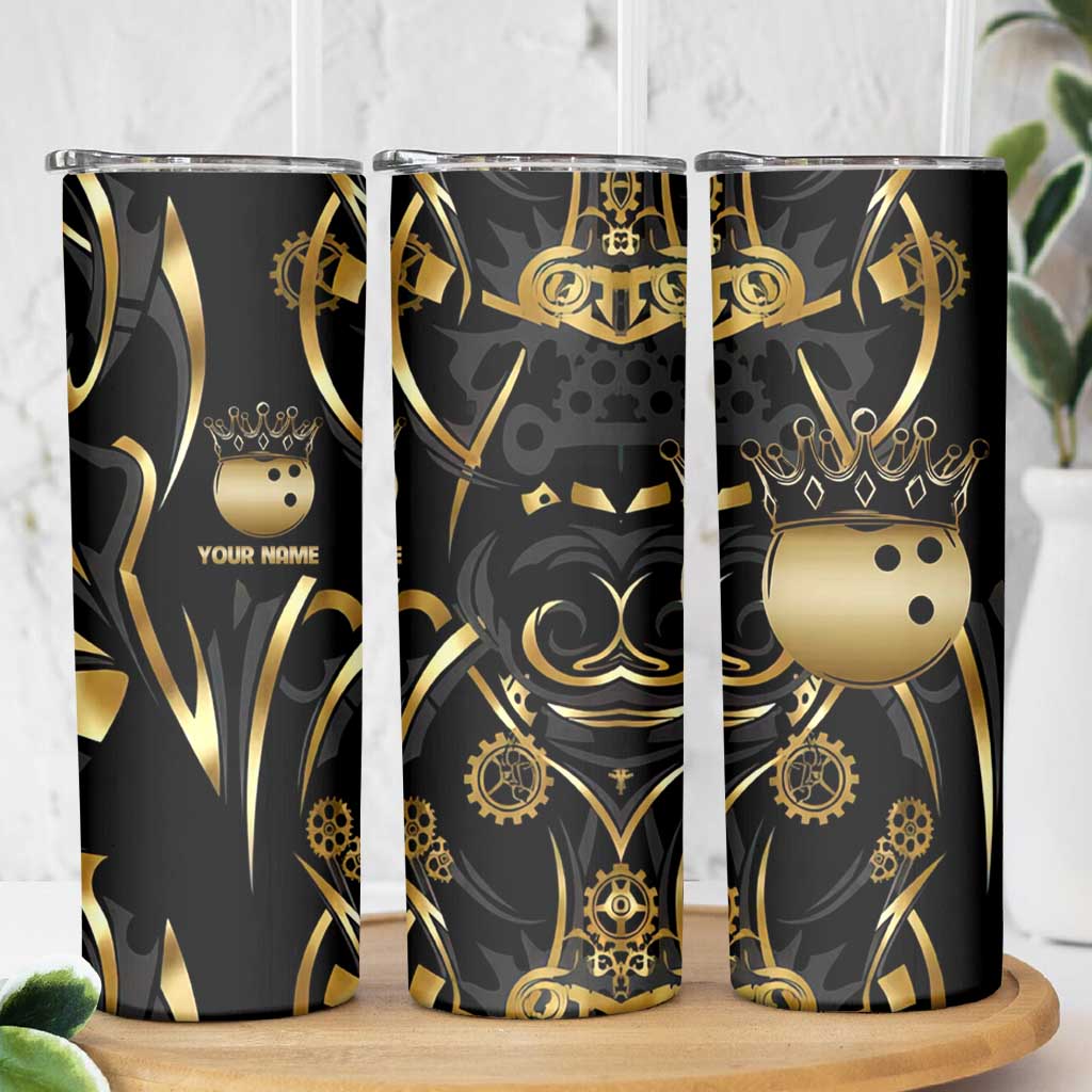 Personalized Golden Tribal Bowling Ball Emblem Skinny Tumbler with Black Abstract Metallic Pattern - Wonder Print Shop