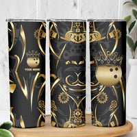 Personalized Golden Tribal Bowling Ball Emblem Skinny Tumbler with Black Abstract Metallic Pattern - Wonder Print Shop