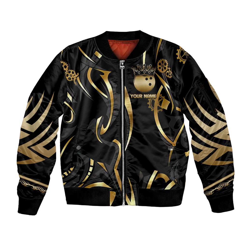 Personalized Golden Tribal Bowling Ball Emblem Sleeve Zip Bomber Jacket with Black Abstract Metallic Pattern - Wonder Print Shop