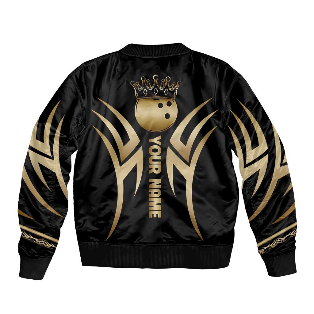 Personalized Golden Tribal Bowling Ball Emblem Sleeve Zip Bomber Jacket with Black Abstract Metallic Pattern - Wonder Print Shop