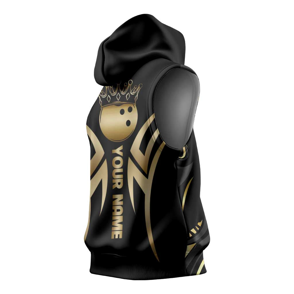 Personalized Golden Tribal Bowling Ball Emblem Sleeveless Hoodie with Black Abstract Metallic Pattern - Wonder Print Shop