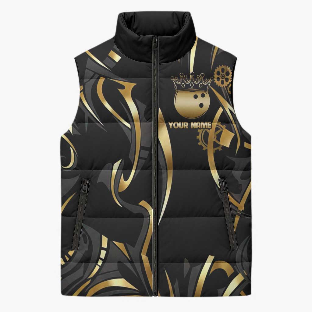 Personalized Golden Tribal Bowling Ball Emblem Sleeveless Puffer Jacket with Black Abstract Metallic Pattern - Wonder Print Shop