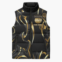 Personalized Golden Tribal Bowling Ball Emblem Sleeveless Puffer Jacket with Black Abstract Metallic Pattern - Wonder Print Shop