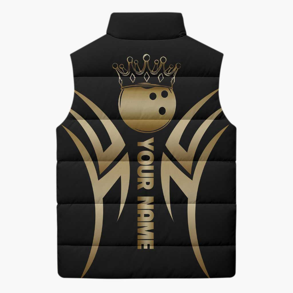 Personalized Golden Tribal Bowling Ball Emblem Sleeveless Puffer Jacket with Black Abstract Metallic Pattern - Wonder Print Shop