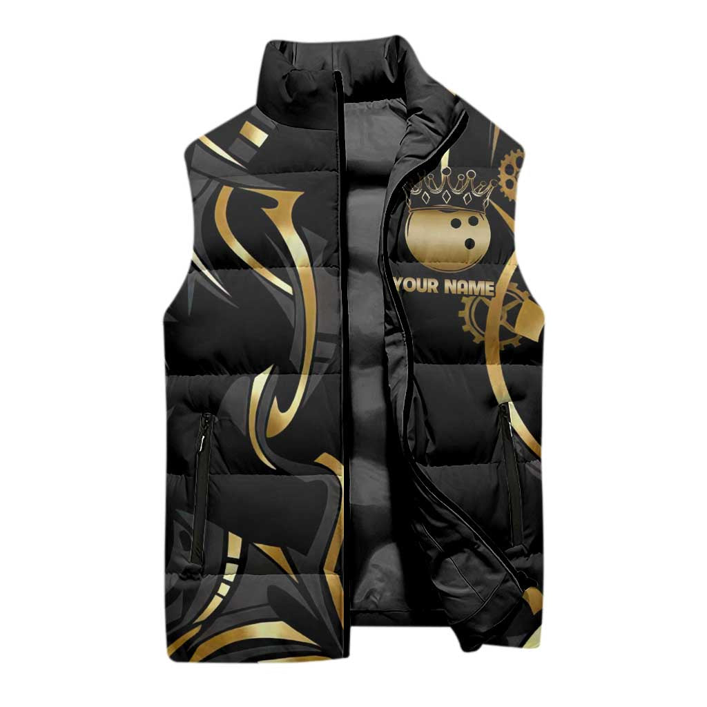 Personalized Golden Tribal Bowling Ball Emblem Sleeveless Puffer Jacket with Black Abstract Metallic Pattern - Wonder Print Shop