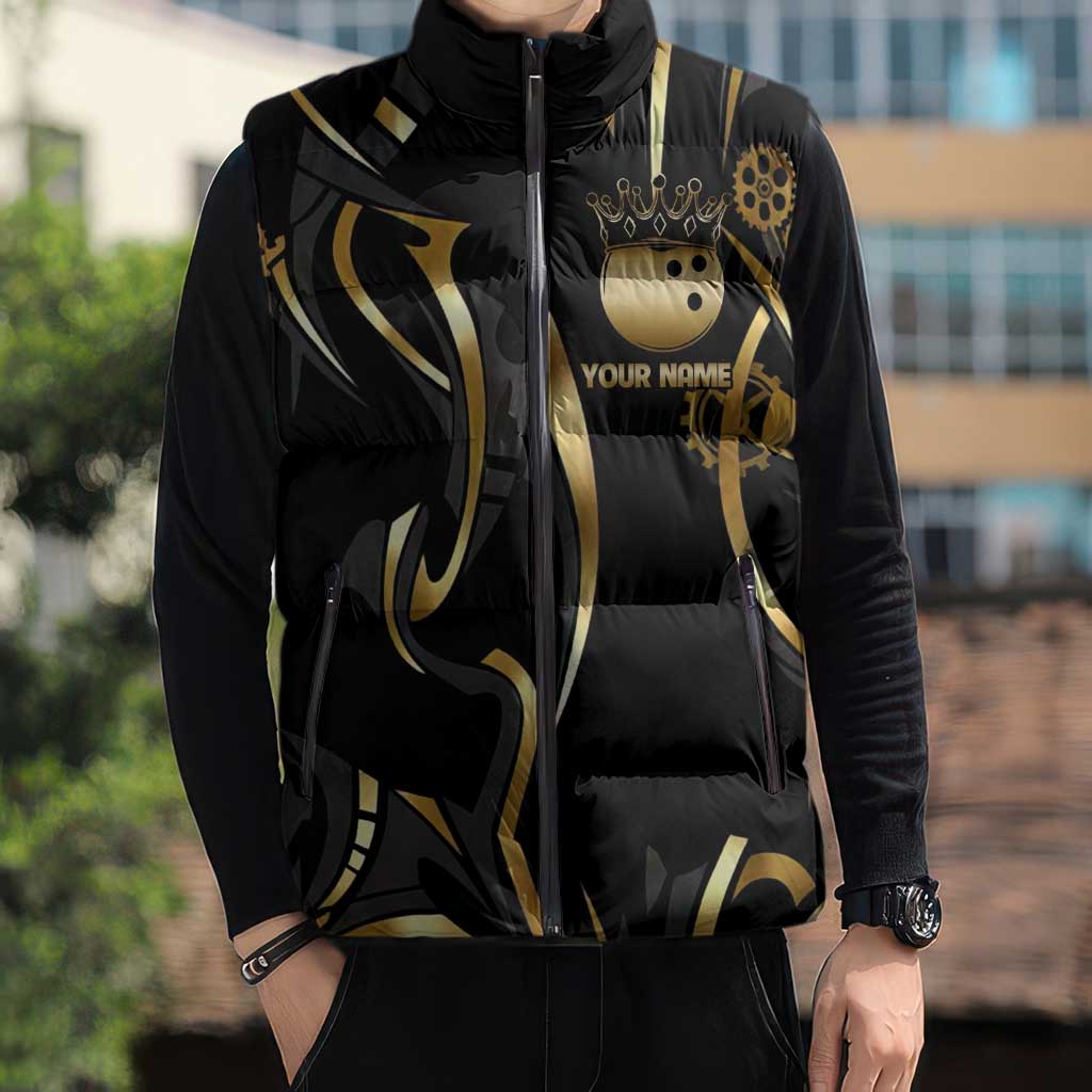 Personalized Golden Tribal Bowling Ball Emblem Sleeveless Puffer Jacket with Black Abstract Metallic Pattern - Wonder Print Shop